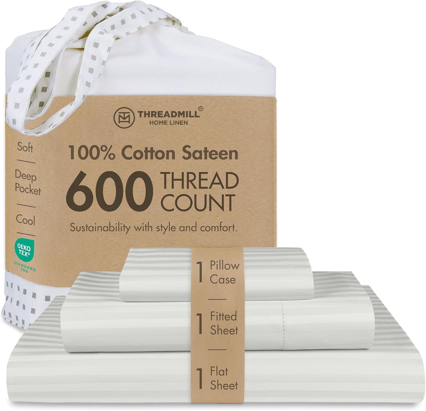Threadmill 100% Cotton Sheets for Twin Size Bed - 600 Thread Count Twin Bed Sheets Set with 15” Deep Pocket - Damask Stripe Sateen Weave 3-Piece Bedding Set with Cooling Effect, Light Grey