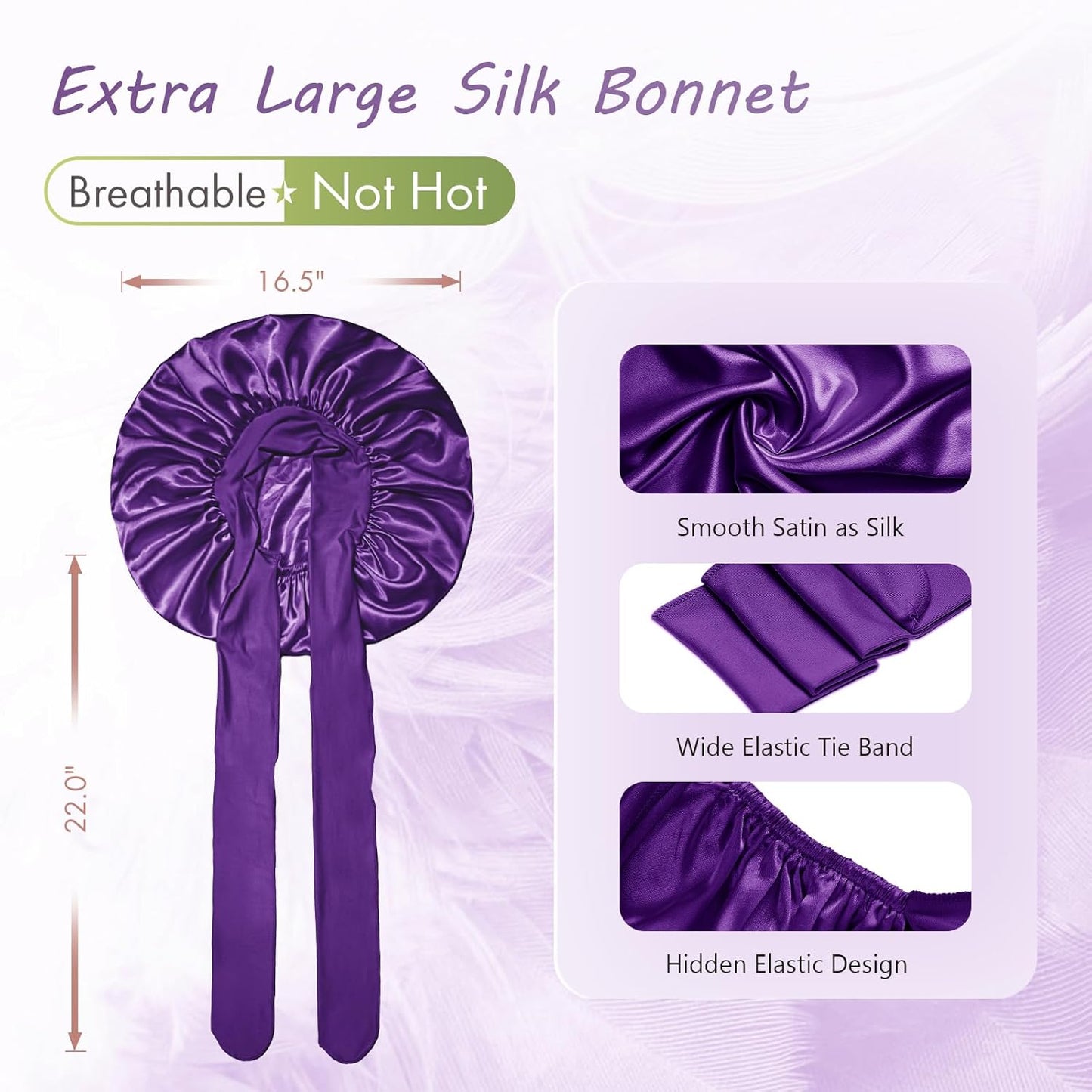 BONNET QUEEN Silk Bonnet for Sleeping Women Big Satin Bonnet Night Sleep Cap Wrap for Curly Hair with Adjustable Tie Band,Large, Purple