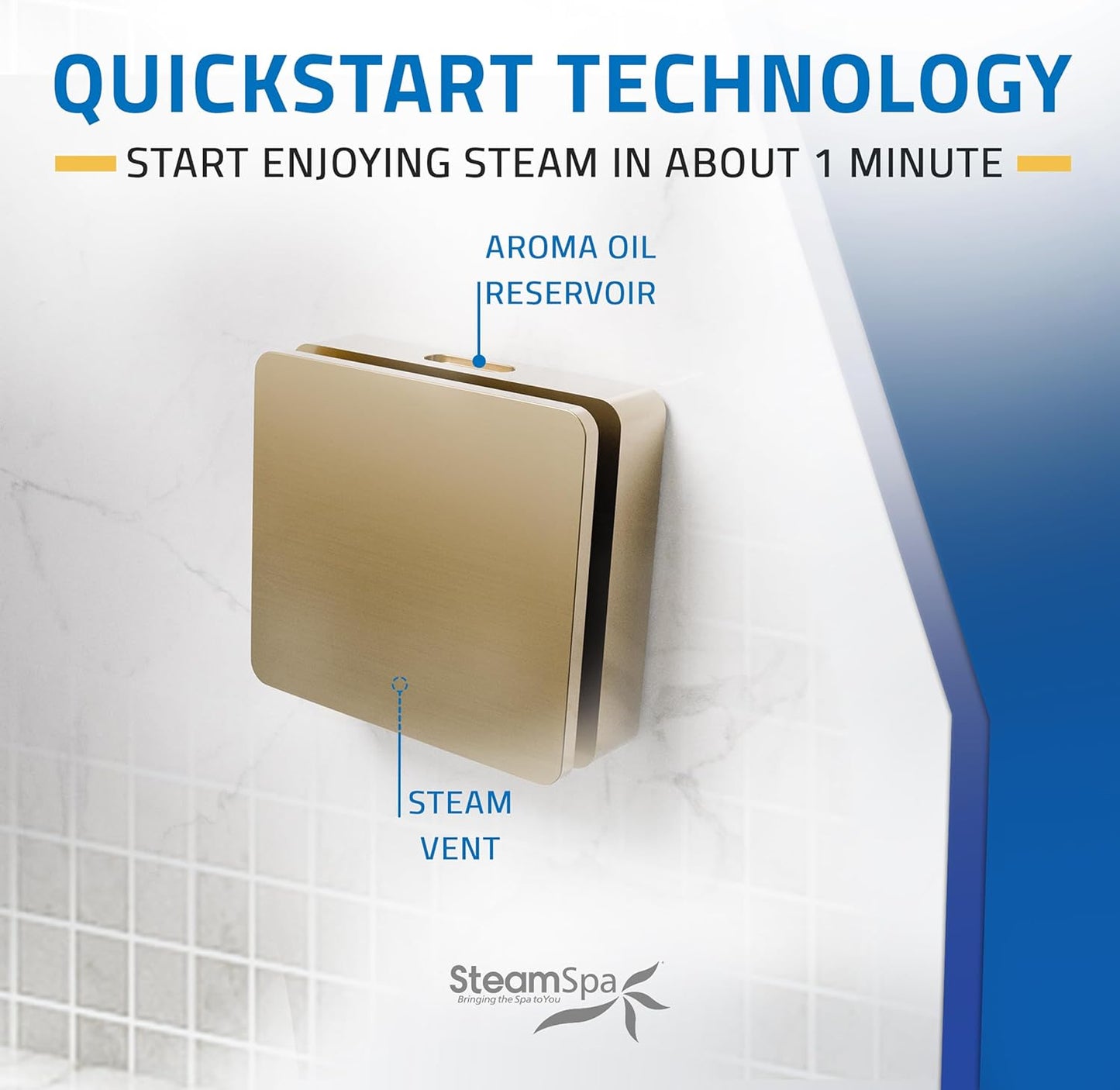 SteamSpa Steam System 24kW Steam Shower Generator with Bluetooth Wifi, Quickstart Continous Steam, Advanced Touch Pad Screen, Chroma Lights, Drain Pan and Auto Drain Gold RVBS2400GD-A