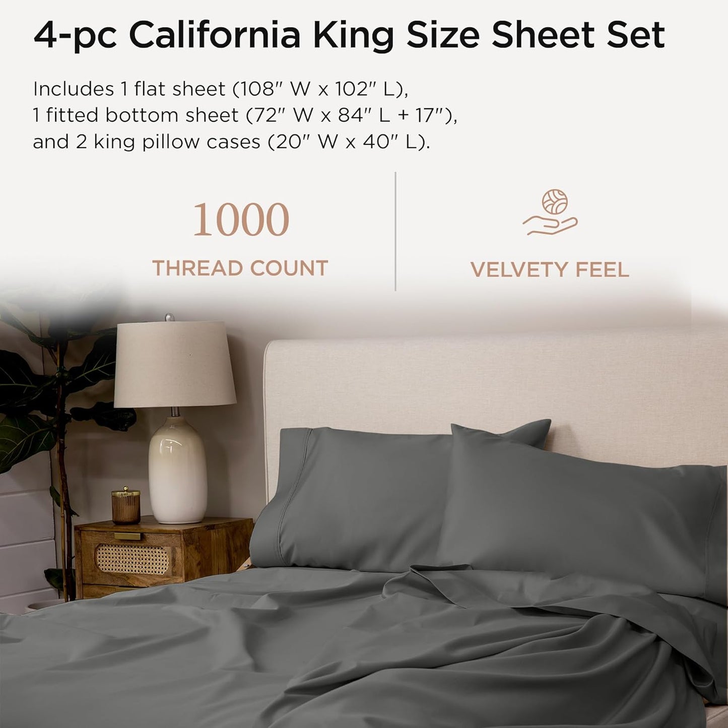 Threadmill Certified 100% American Supima Cotton Luxury Sheets, California-King Sheets, 1000 Thread Count Sateen Weave, 4 Pc Bed Sheets Set, Dark Grey Sheet with Elasticized Deep Pocket