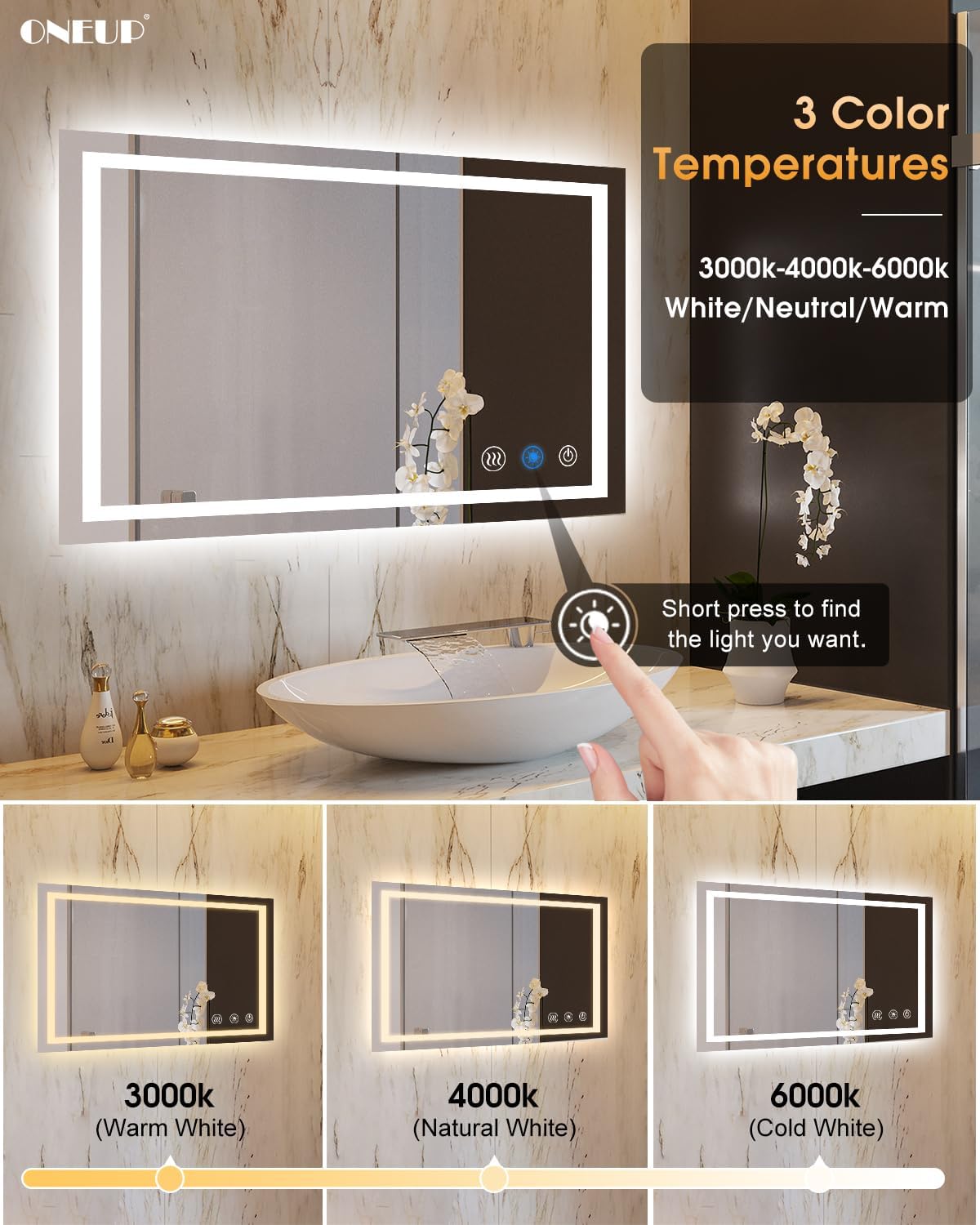 oneup 40''x24'' Bathroom Mirror with Lights,Front Lighted Bathroom Mirrors for Wall,Anti-Fog Smart Vanity Mirror,Touch Button and Memory Function,Dimmable 3-Color Lights (Horizontal/Vertical)