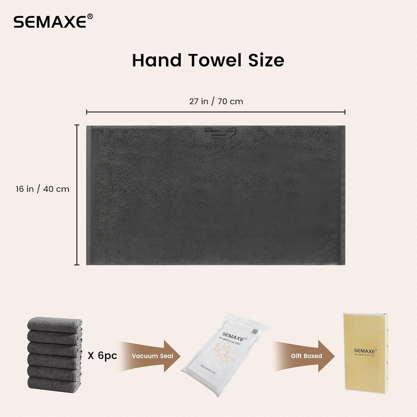 SEMAXE 6-Pack Gray Hand Towels - 27"x16" 100% Cotton Bathroom Towels with Hanging Loops, Oeko-Tex Certified, Soft & Absorbent, Gift-Ready Packaging