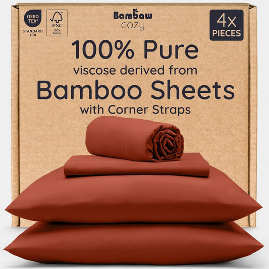 Bambaw 100% Viscose Derived from Bamboo Sheets Queen Size Set – 4pcs Cooling Sheets Queen, Luxury Bedding, Soft & Breathable, Deep Pocket Fits Up to 16'' Mattresses (Terracotta)