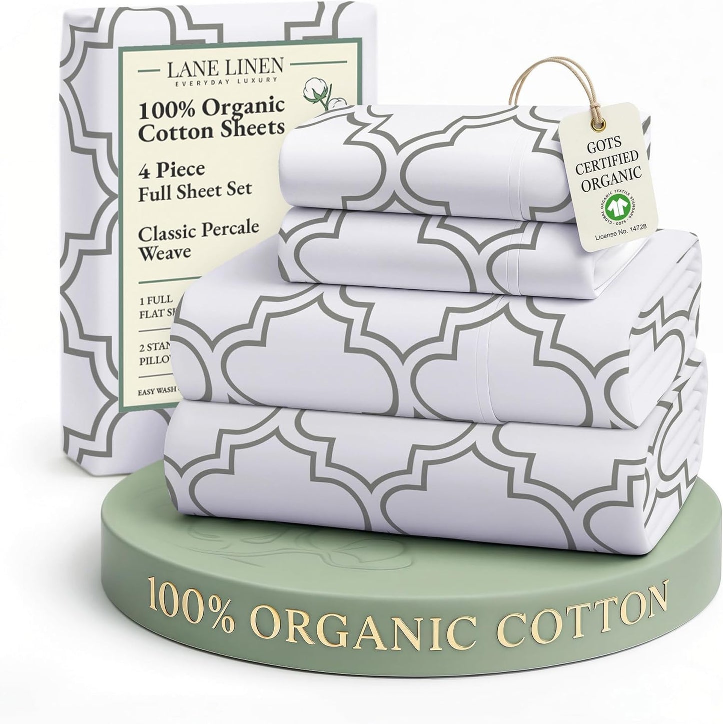 LANE LINEN 100% Organic Cotton Full Sheets Set Fully Elasticized Naturally Temperature Regulating Mercerized Cotton Printed Full Bedding & Pillowcases Set - Trellis