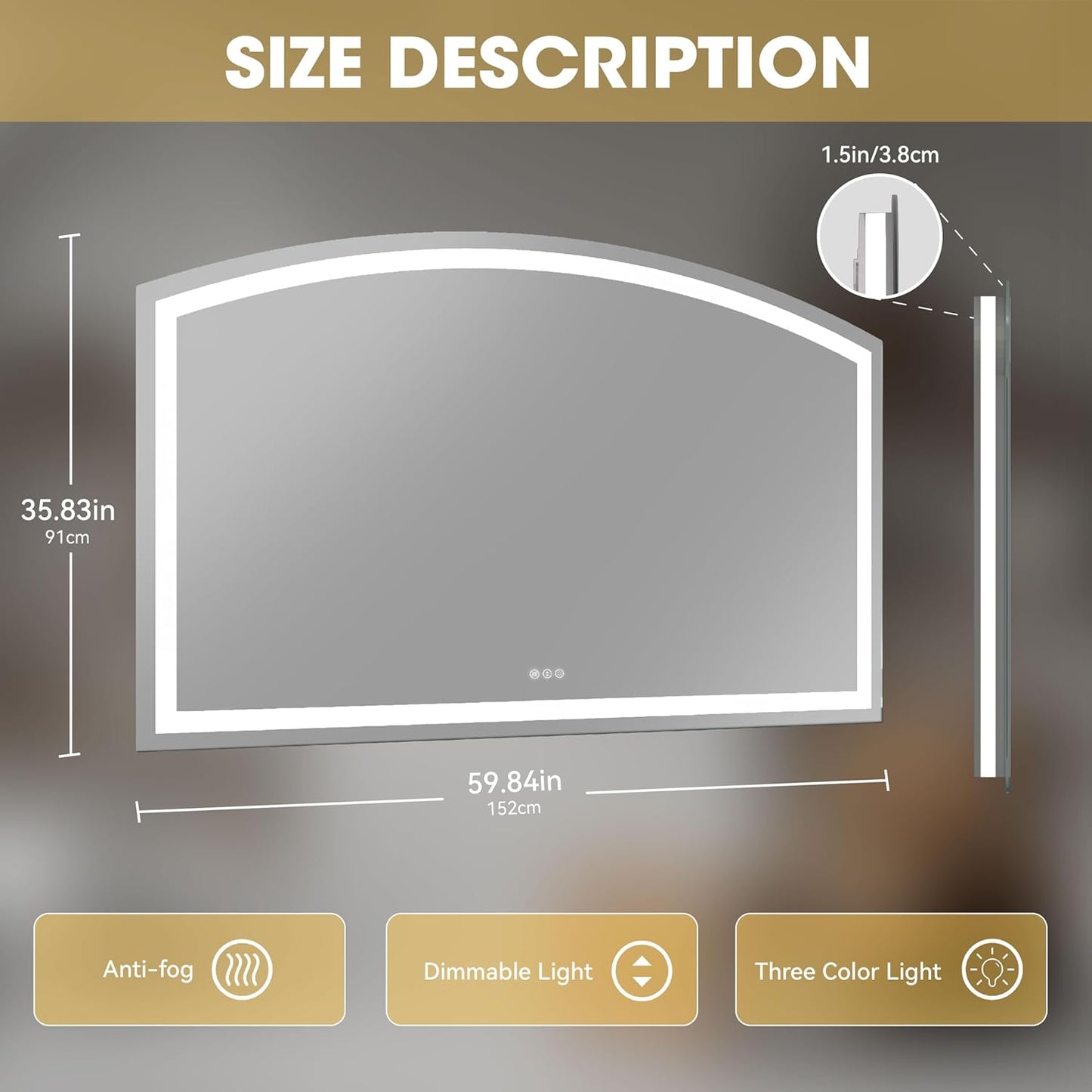 Hasipu 60x36 Inch LED Bathroom Mirror Arch Vanity Mirror with Lights Frontlit Smart Touch Sensor Dimmable 3 Colors Temperature Shatterproof Wall-Mounted Vanity Mirror Metal Frame