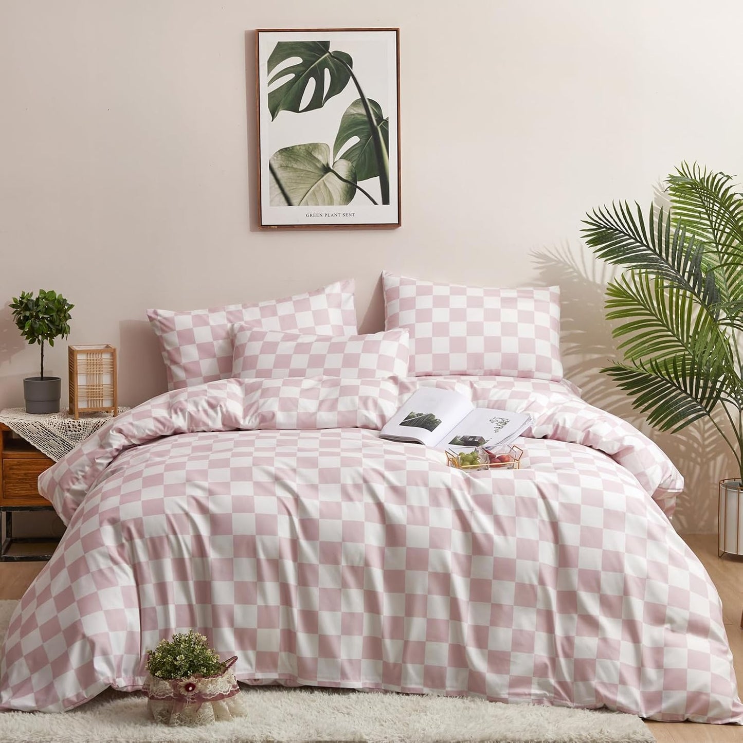 KAREVER Pink Grid Comforter Set Queen Pink Plaid Bedding Set Women Pink White Checkered Bed Blanket Set Girls Breathable Durable Bedding Comforter Set Queen
