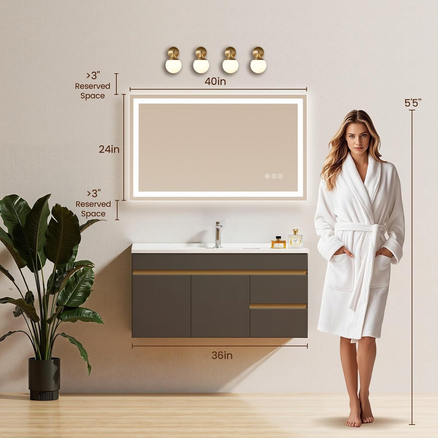 40X24 LED Bathroom Mirror with Lights, Anti-Fog, Backlit + Front Lit (CRI>90), Lighted Bathroom Vanity Mirror for Wall, Memory Function, Dimmable, Tempered Glass, Shatter-Proof, ETL Listed