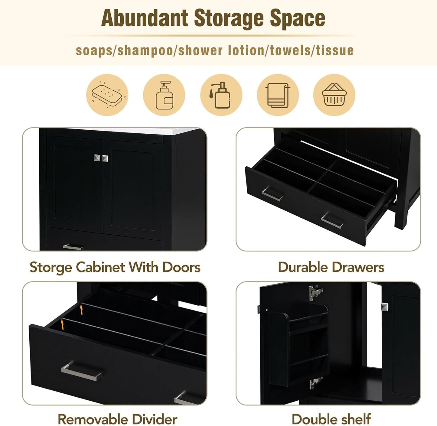 60" Bathroom Vanity Set with Double Vanities, Double Ceramic Sinks, Storage Shelf, Soft Closing Doors, Divided Drawers (Mirror not Included), Large Bathroom Vanity Sink Set (Black)