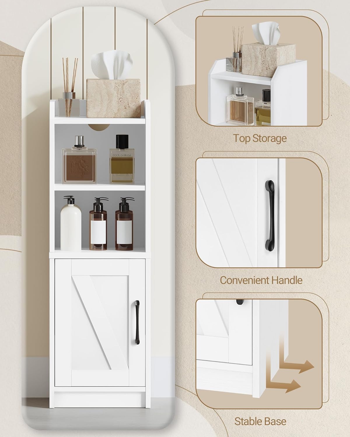 Bathroom Storage Cabinet, Small Farmhouse Corner Floor Cabinet with Door and Shelves, Narrow Toilet Paper Holder Stand, Bathroom Organizer with Adjustable Shelf, for Small Spaces, White