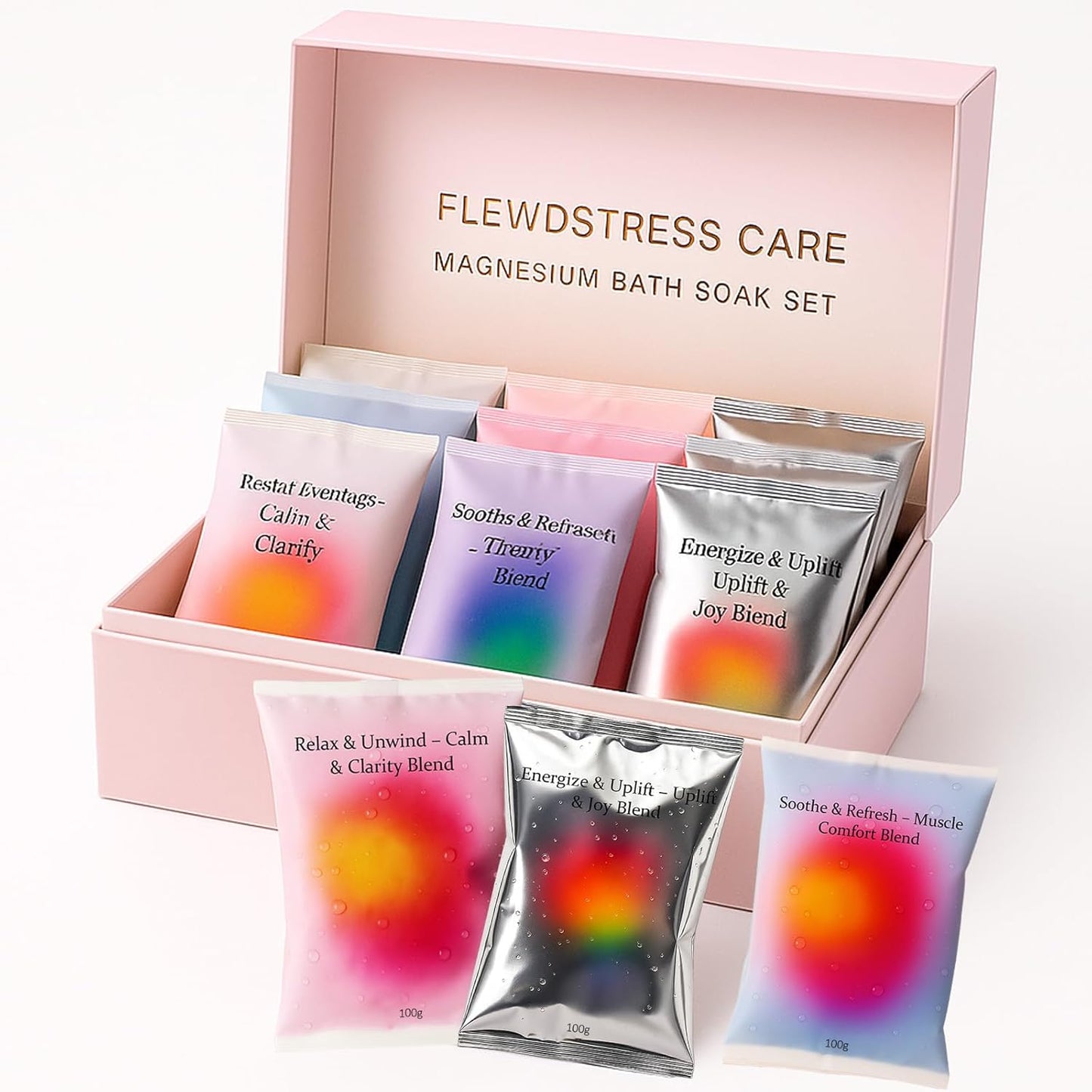 Flewdstress Care Magnesium Bath Soak Set – 12 Soaks, 4 Relaxing Varieties – for Relaxation, Restful Nights, Muscle Comfort & Uplifted Mood