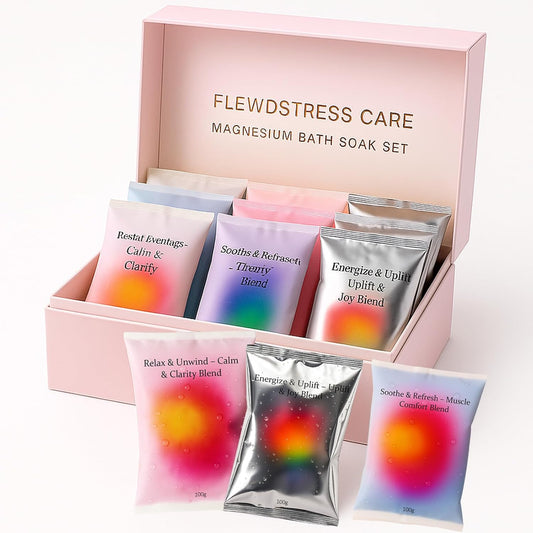 Flewdstress Care Magnesium Bath Soak Set – 12 Soaks, 4 Relaxing Varieties – for Relaxation, Restful Nights, Muscle Comfort & Uplifted Mood
