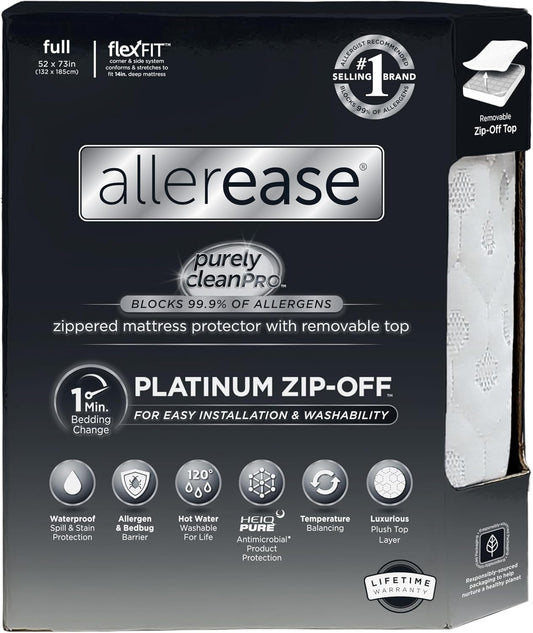 AllerEase Platinum Zip-Off Top Waterproof Mattress Protector Full Size 360 Degree Zipper Allergen Barrier Temperature Balancing Luxurious Plush Top Separately Machine Washable Mattress Cover (White)