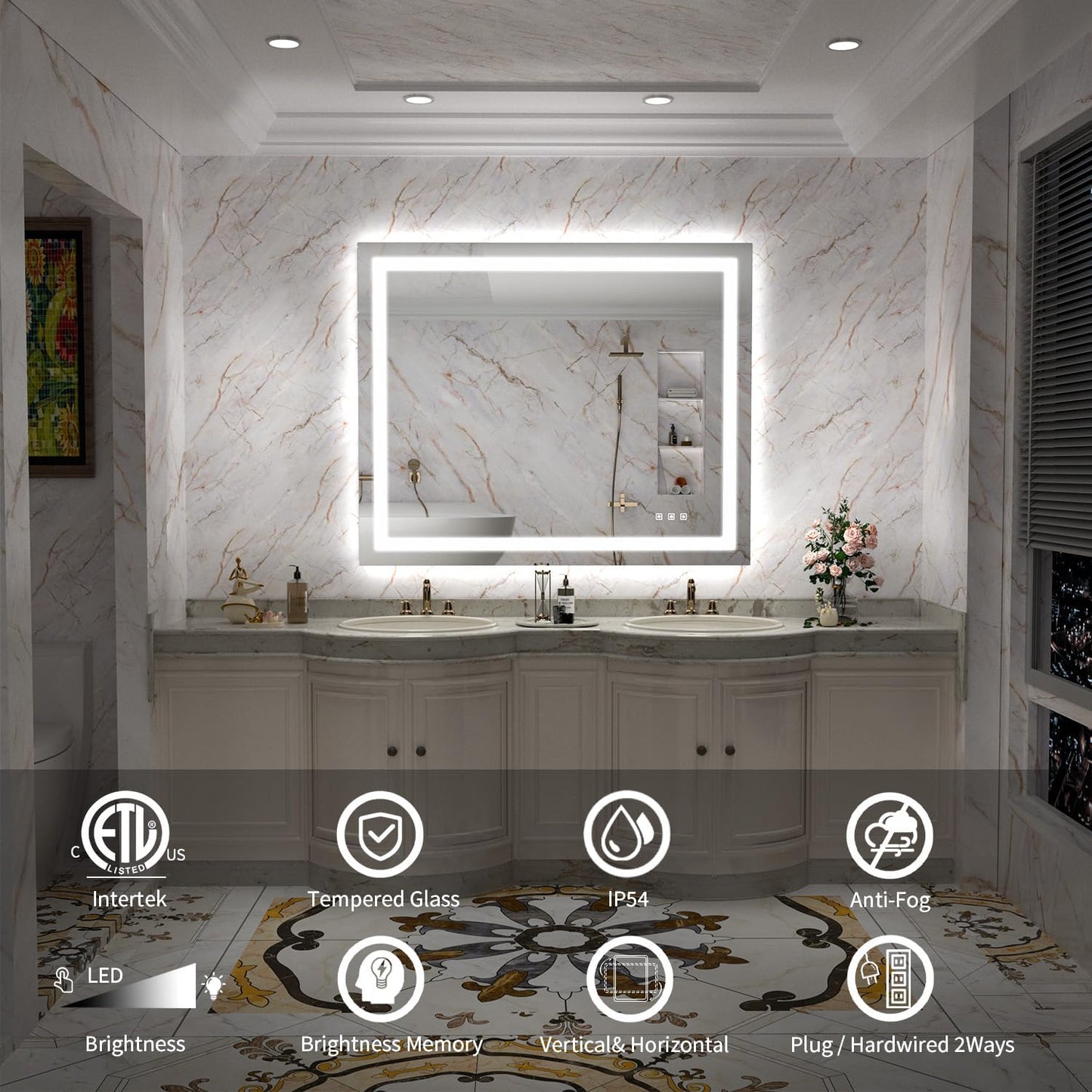 LED Mirror for Bathroom, 44x36 Inch Backlit + Front Lighted Bathroom Vanity Mirror with Lights for Wall, Double Light Strips, 3 Colors, Shatter-Proof, Anti-Fog and Brightness Memory
