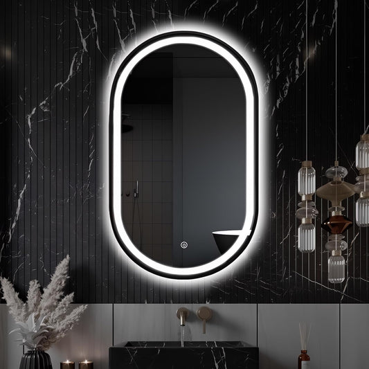 32"x20" Oval LED Bathroom Mirror with Lights, Black Anti Fog Lighted Vanity Mirror Wall Mounted, Stepless Dimmable LED Oval Mirror, Memory, ShatterProof, Front/Backlit, Horizontal/Vertical