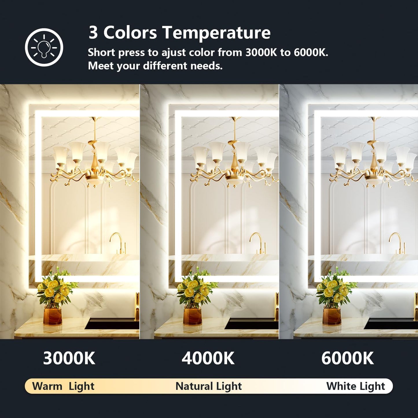44x36 Inch LED Bathroom Mirror with Lights Front and Backlit Lighted Vanity Mirror for Bathroom Wall with 3 Colors Dimmable Anti-Fog Memory Shatter-Proof IP54 Waterproof Horizontal/Vertical