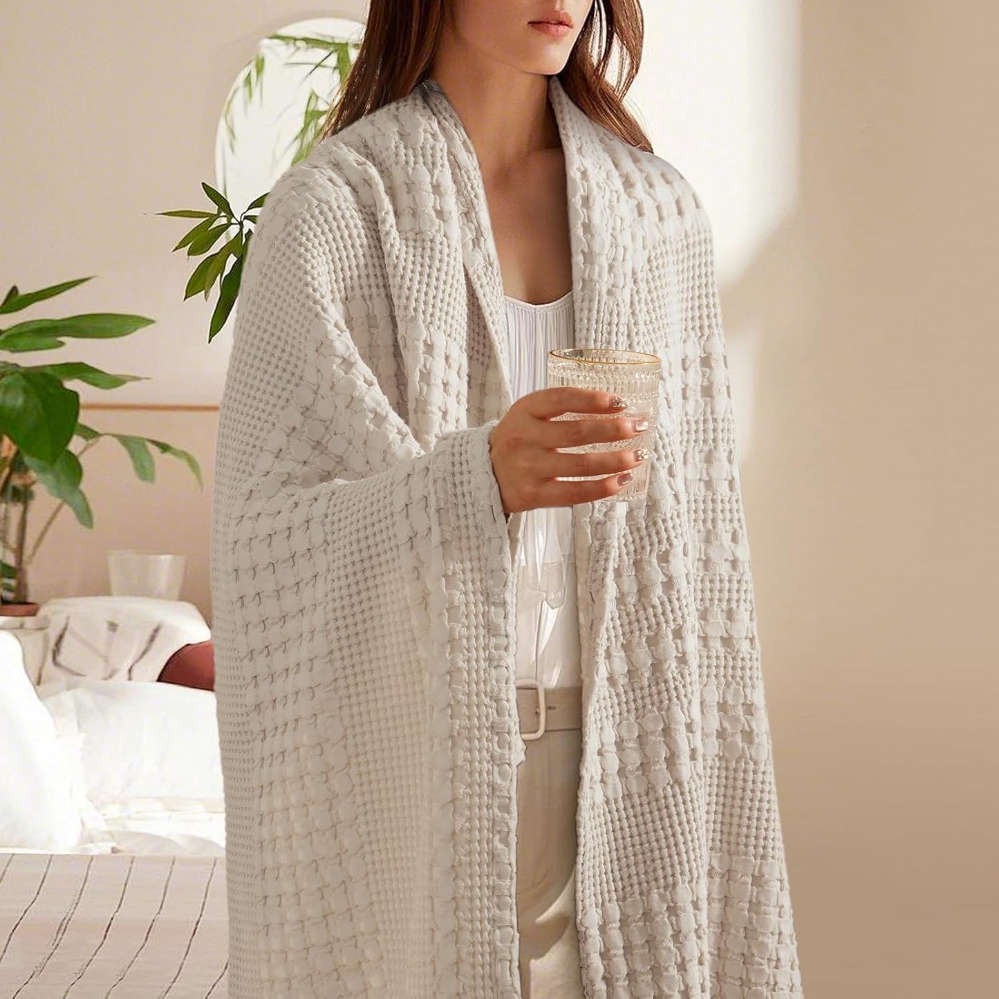 PHF 100% Cotton Waffle Weave Throw Blanket, Soft Lightweight Breathable Cozy Throws for Couch Bed Sofa, Luxury Aesthetic Woven Blanket for Home Decor & Office, 50"x60", Oatmeal