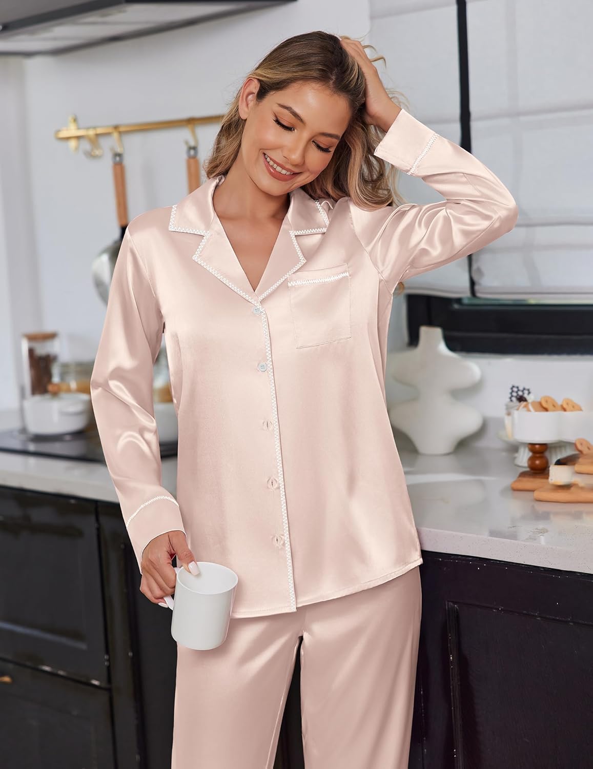 Ekouaer Satin Pajama Set for Women Silky Sleepwear Long Sleeve Top and Pants Button Down Pjs Lounge Set
