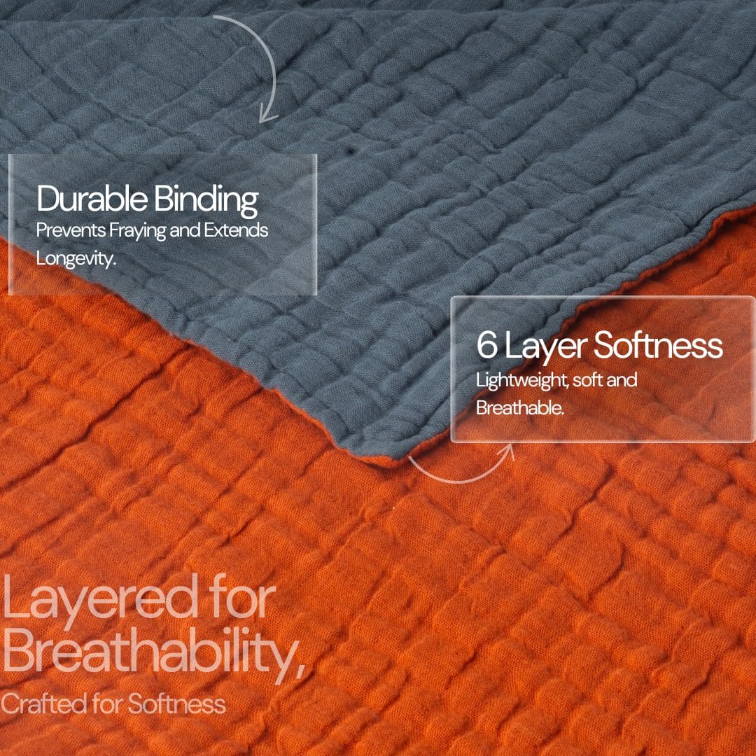 Salt Earth 100% Cotton Muslin Blanket, Gauze 55"X75" Twin, 6 Layered for Couch, Bed, Living Room, Home, Lightweight & All Season Blankets & Throws, Easy wash, Skin Friendly (Picante/Dark Slate)