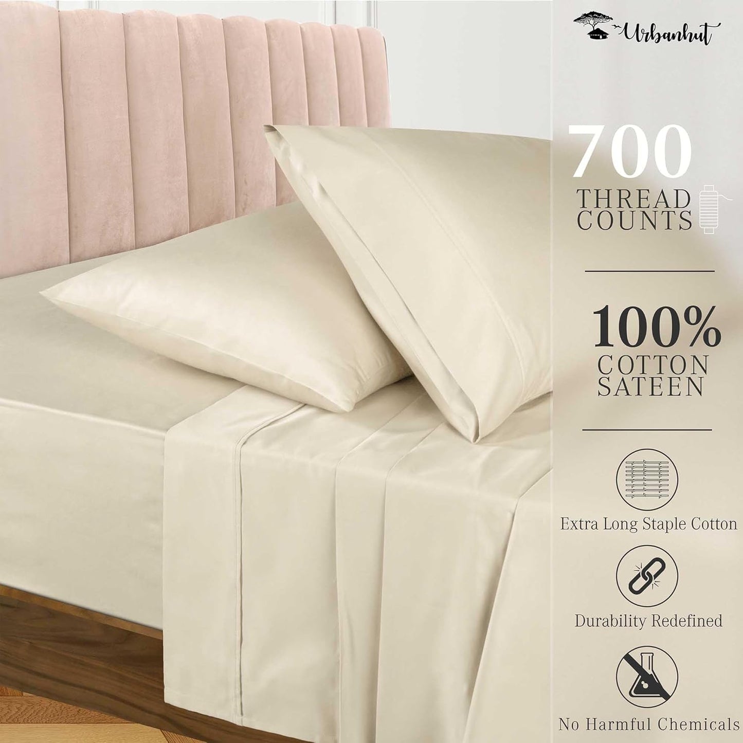 URBANHUT 700 Thread Count Twin Sheet Set Egyptian Cotton Sheets, 4Pc Sheet Set Soft Luxury Bed Sheets for Twin Size Bed, Sateen Weave Hotel Sheets, 14" Elasticized Deep Pocket - Ivory