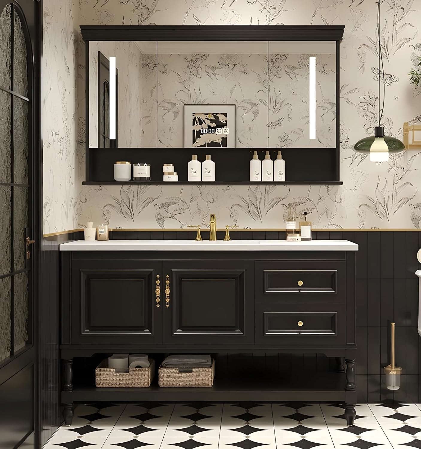 Solid Wood Bathroom Vanity with Sink,Freestanding Bathroom Vanity Large Storage Cabinet & Open Mirror Cabinet,Soft Closing Doors and Drawers, Luxury Bathroom Vanities Set(Black,44")