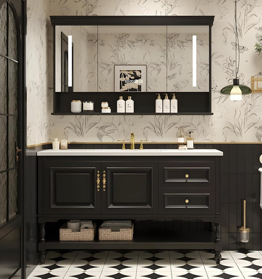 48" Bathroom Vanity with Sink,Freestanding Bathroom Vanity Large Storage Cabinet & Open Mirror Cabinet,2 Soft Closing Doors and 2 Drawers Solid Wood Luxury Bathroom Vanities Set,Black