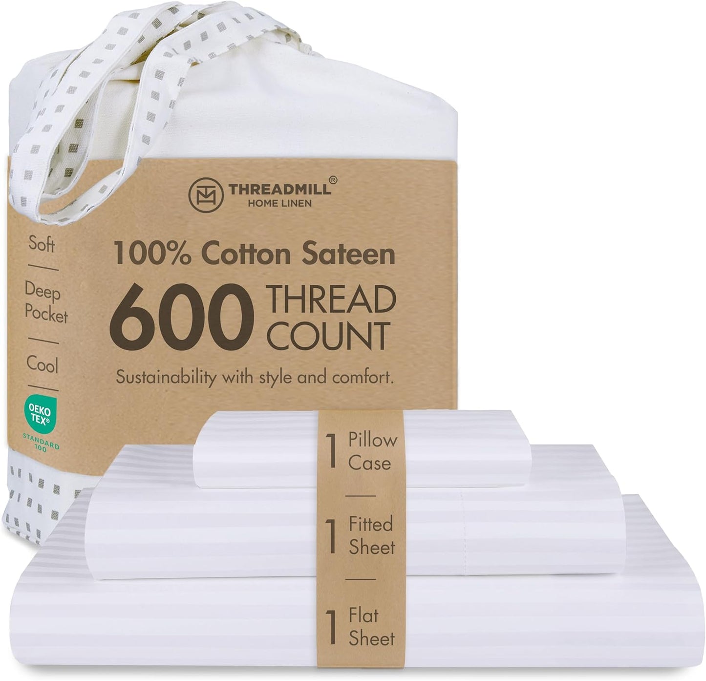 Threadmill 100% Cotton Sheets for Twin XL Size Bed - 600 Thread Count Twin XL Bed Sheets Set with 15” Deep Pocket - Damask Stripe Sateen Weave 3-Piece Bedding Set with Cooling Effect, White