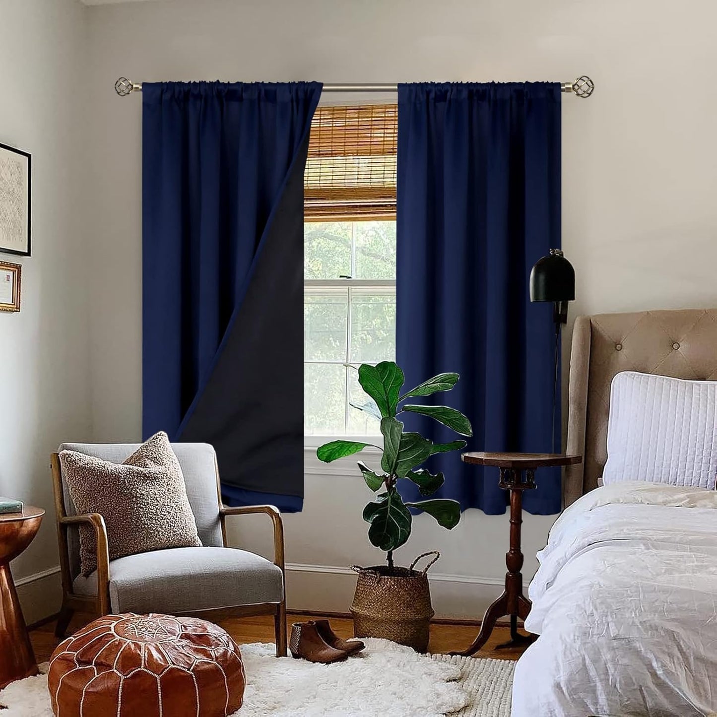 BGment Thermal Insulated 100% Blackout Curtains for Bedroom with Black Liner, Double Layer Full Room Darkening Noise Reducing Rod Pocket Curtain (42 x 63 Inch, Navy Blue, 2 Panels)