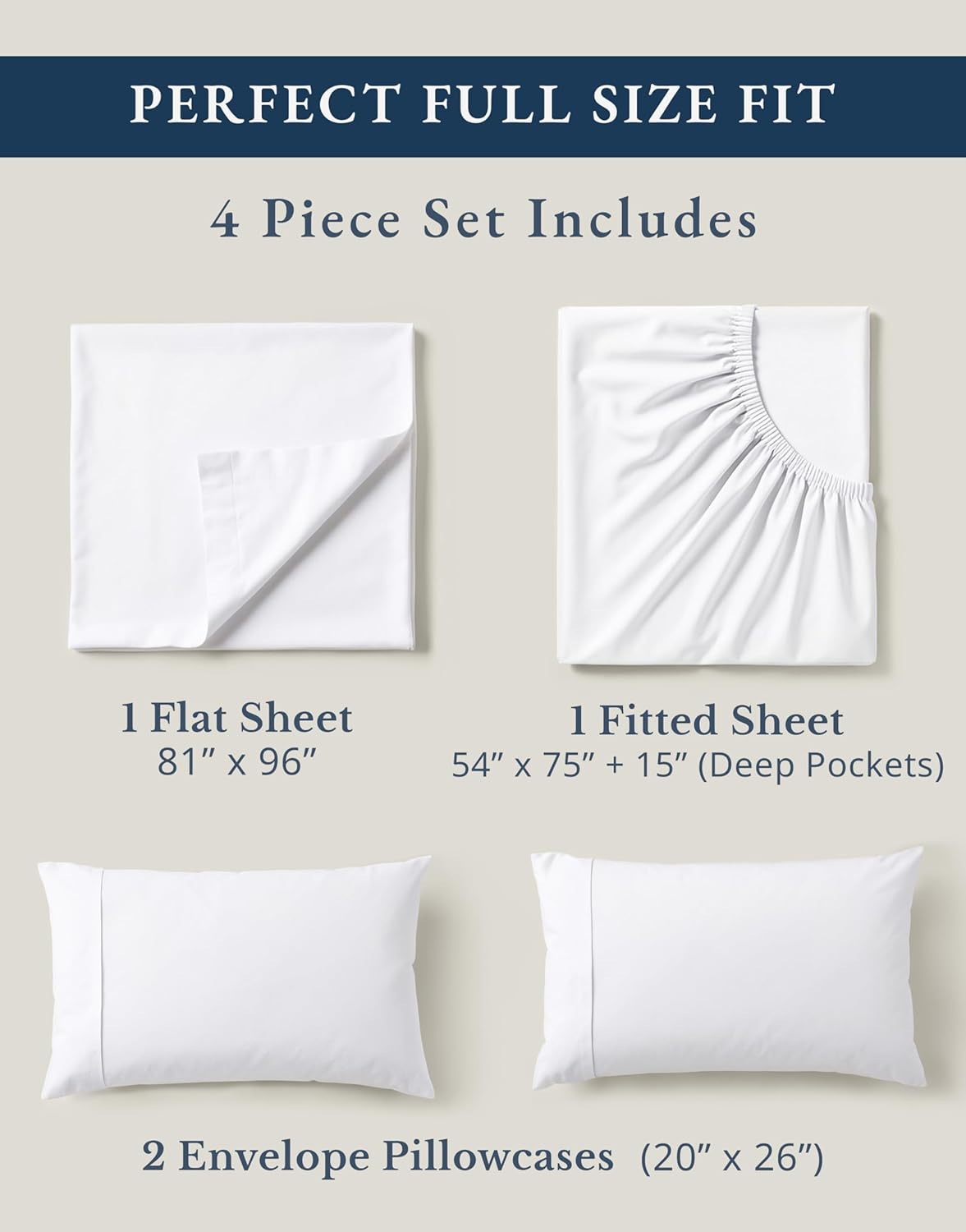 LANE LINEN 100% Organic Mercerized Cotton Pre Washed Full Size Bed Sheets, Soft & Comfy Low Pill Fade Resistance Fully Elasticized Oeko Tex Certified 15" Deep Pocket Full Sheet Set - White