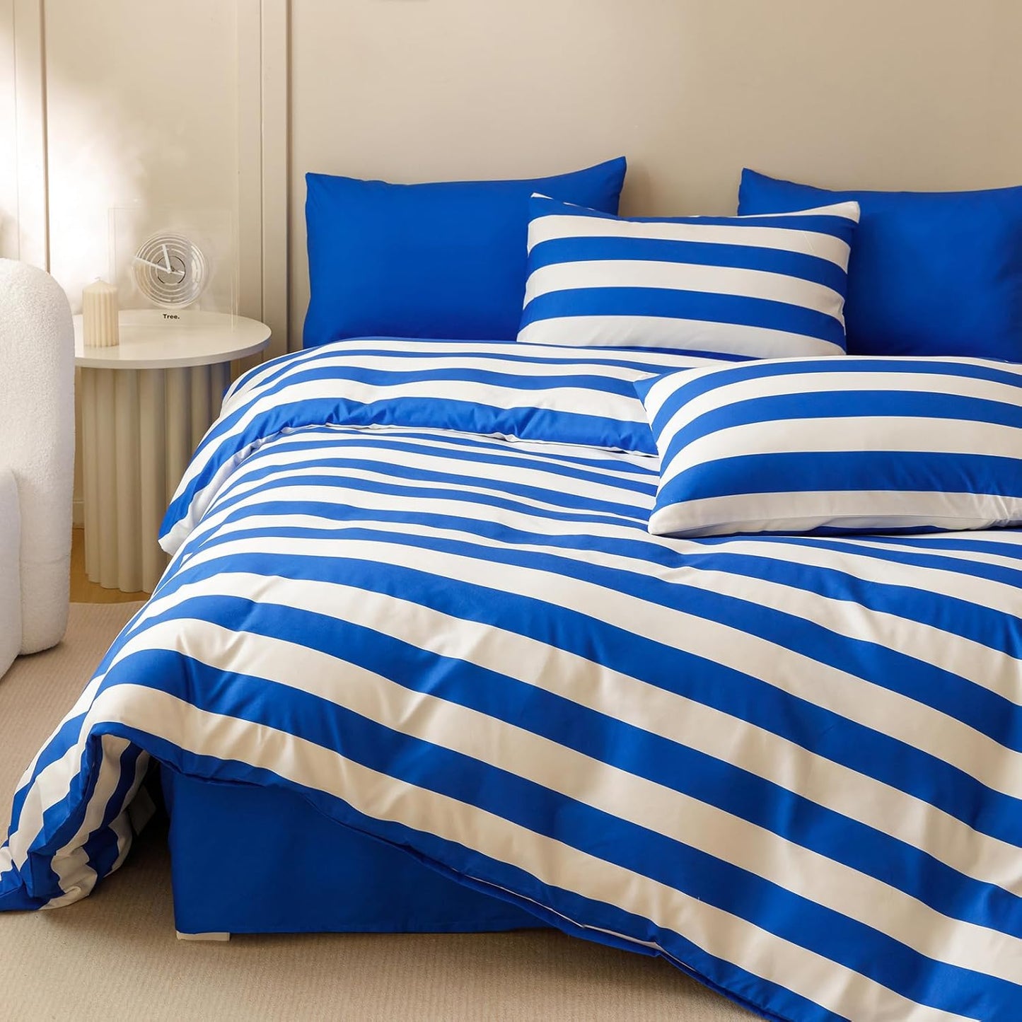 KAREVER Royal Blue White Stripes Comforter Set Queen Size Royal Blue White Stripes Bedding Set 3 PCs Comforter Set Queen Size Fluffy Linen Comforter Sets