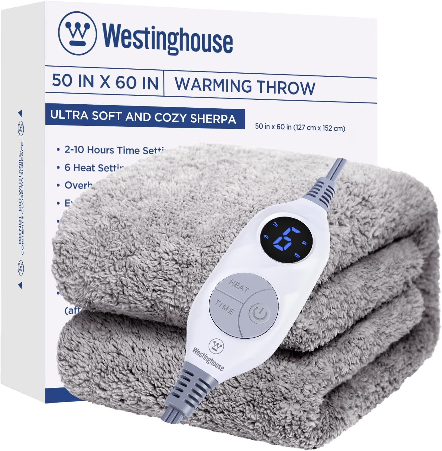 Westinghouse Electric Blanket Throw Size, Soft Plush Sherpa Heated Blanket with 6 Heating Levels & 2-10 Hours Auto-Off, Machine Washable, 50x60 inches, Charcoal