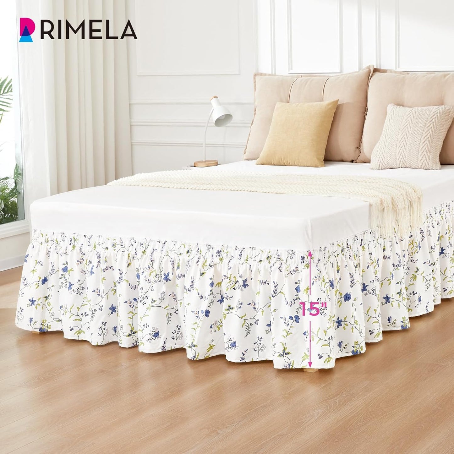 RIMELA Blue Berry Floral Bed Skirt Queen Size 15 Inch Drop, Elastic Bed Skirting for Bed Frame, Bedding Dust Ruffle Easy to Install, Lightweight Wrap Around Adjustable Bedskirt
