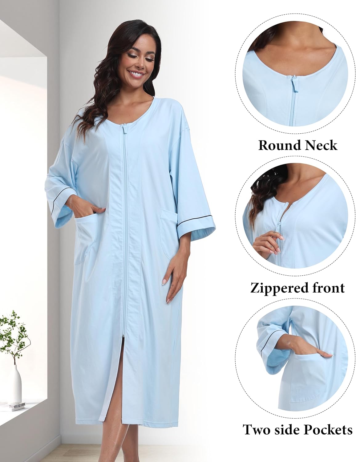 ANLIQI Women's 100% Cotton Robes Long Zipper Front House coats 3/4 Sleeve Bathrobes Lightweight Full Length Robe with Pockets