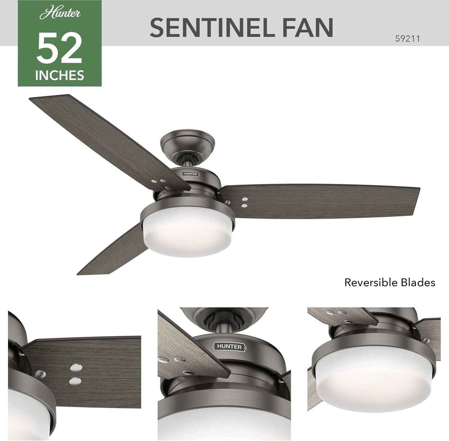 Hunter 52 inch Indoor Ceiling Fan with LED Light and Remote Control - Standard Mount Ceiling Fan, 3 Blades, For Bedroom, Living Room, or Kitchen - Sentinel 59211, Brushed Slate