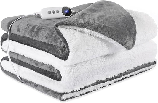 Electric Heated Blanket Throw 50"x60" - Soft Cozy Flannel & Sherpa Fabric Dual-Sided, 9 Heat Settings & 2-10 Hours Auto Off, Warming Heated Throw for Home Office, Machine Washable, Light Gray