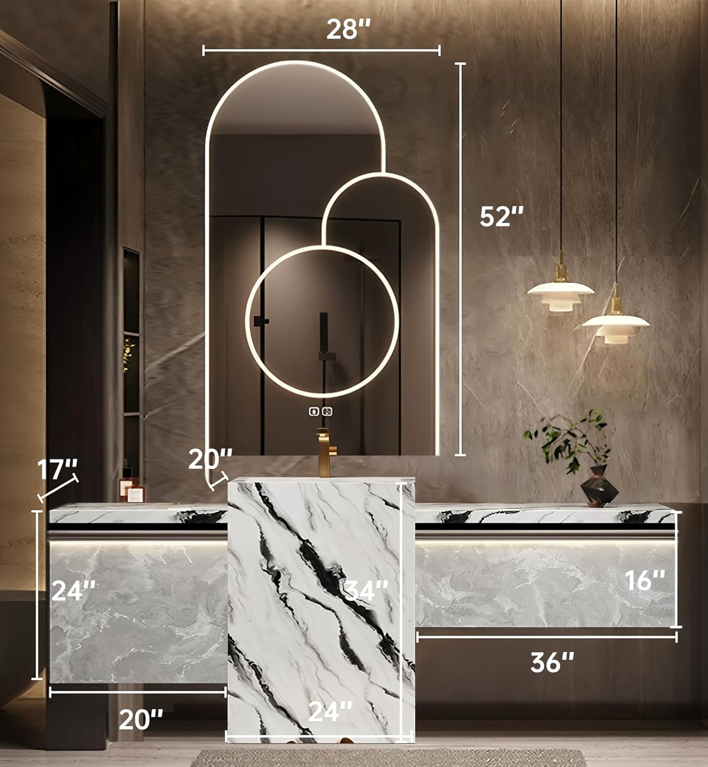 Single Sink Freestanding Bath Vanity, Modern Bath Vanity with LED Smart Mirror, 80IN Solid Wood Floating Bathroom Sink Cabinet with Marble Slate Top and Large Storage Drawer