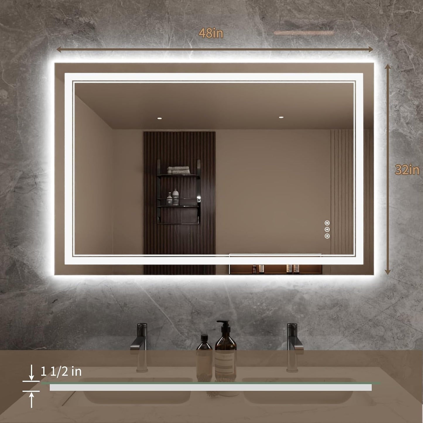 Bathroom Mirror with Lights 32"X48" with Front Light and Backlit, Tempered Glass, Wall Mount Horizontal/Vertical, Stepless Dimmable, 3 Colors, Anti Fog, Bathroom Memory LED Mirror