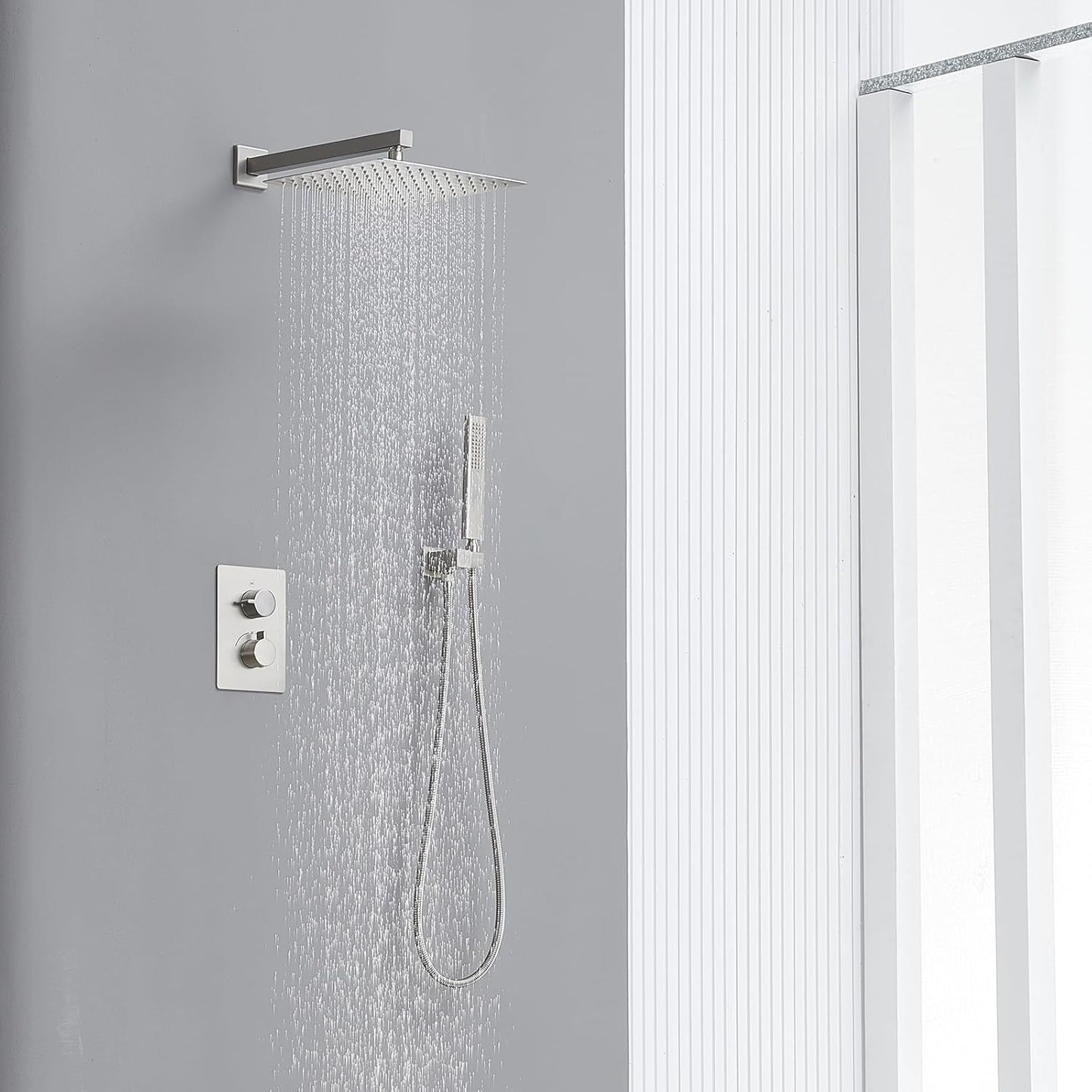Iriber Thermostatic Shower System Wall Mount with 12 Inch Rainfall Shower Head and Handheld Bathroom Shower Set Contain Shower Faucet Mixer Valve Trim Kit (Valve Included),Brushed Nickel