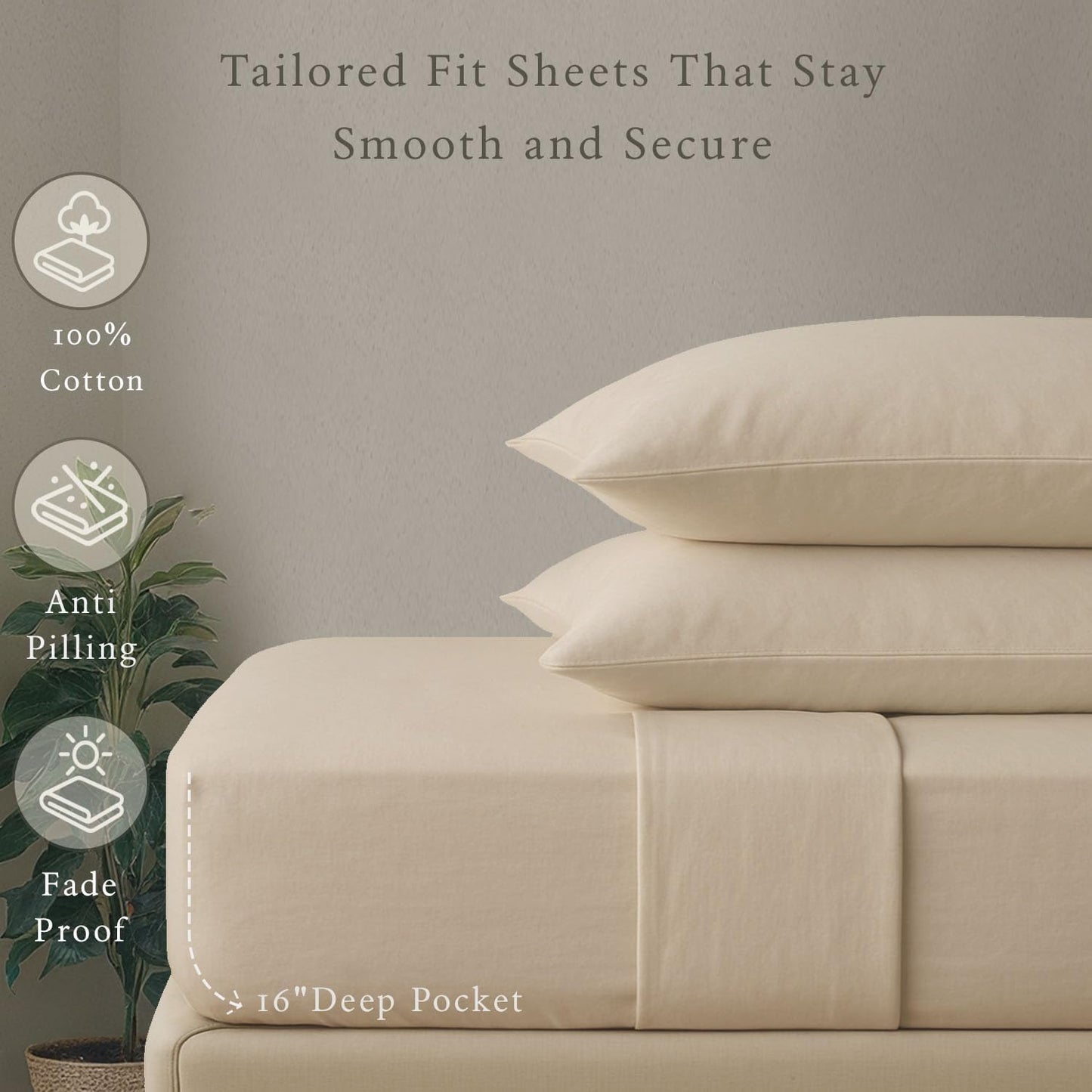 Threadmill 100% Cotton Sheets Deep Pocket/Soft/Fade Resistance, 500 Thread Count, Solid 4-Piece Full Size Bed Sheet Set (1 Flat, 1 Fitted Sheet, 2 Pillow Covers), Beige