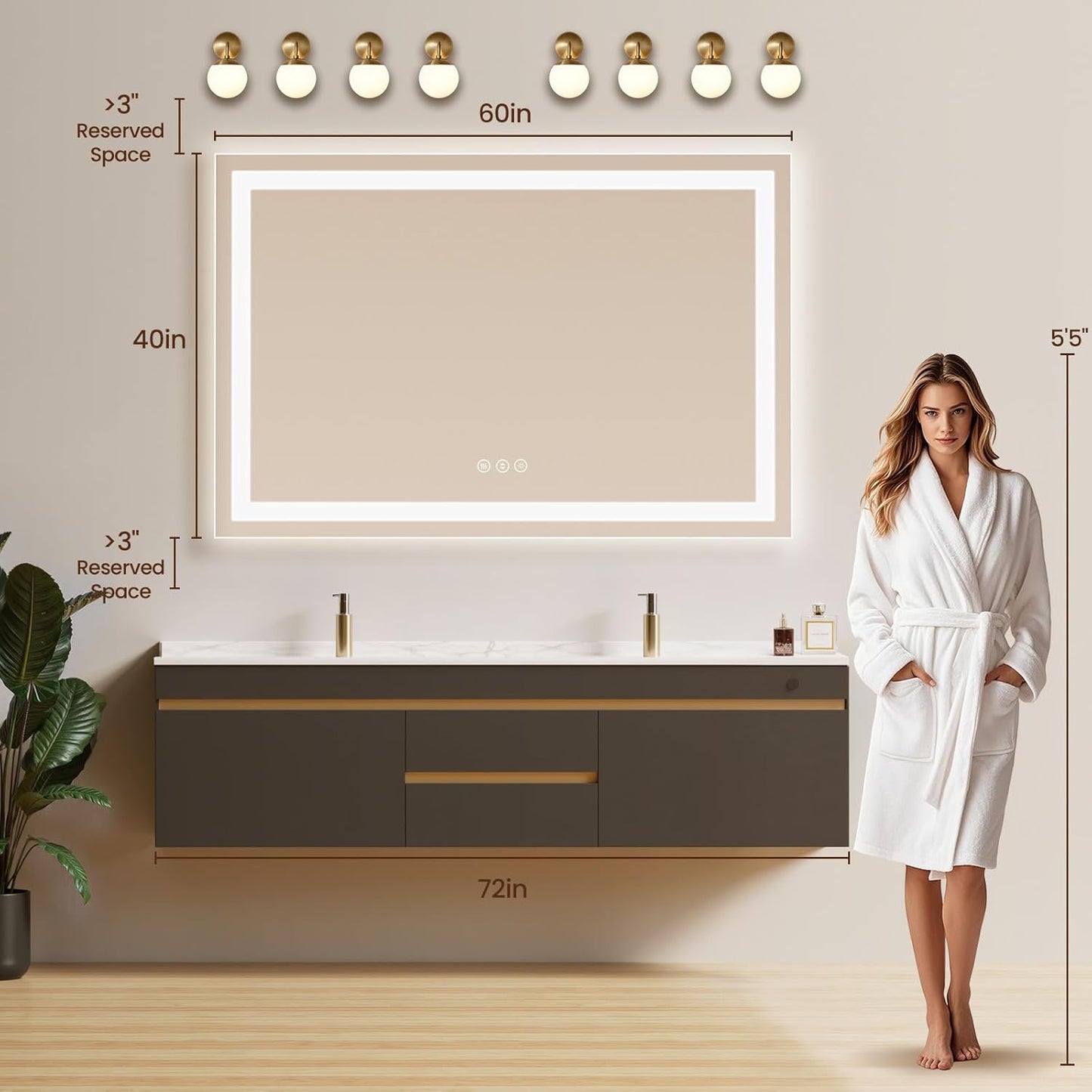 60X40 LED Bathroom Mirror with Lights, Anti-Fog, Backlit + Front Lit, Lighted Bathroom Vanity Mirror for Wall, Memory Function, Dimmable, Tempered Glass, Shatter-Proof, ETL Listed