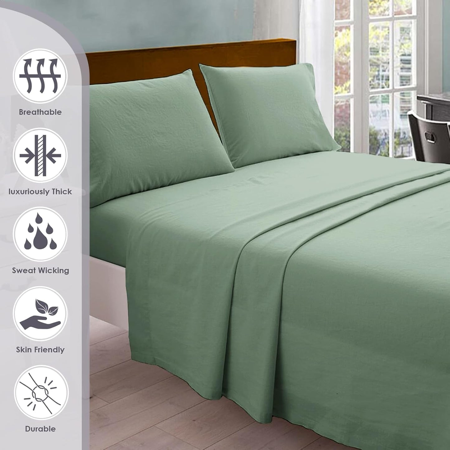 Pizuna Pure 100% Cotton Bed Sheets Set King Size Sea Foam, 800 Thread Count 100% Long Staple Cotton Sateen King Sheet Set with 15" Deep 2 Extra Pillowcases (Combed Cotton Bed Sheet Set)