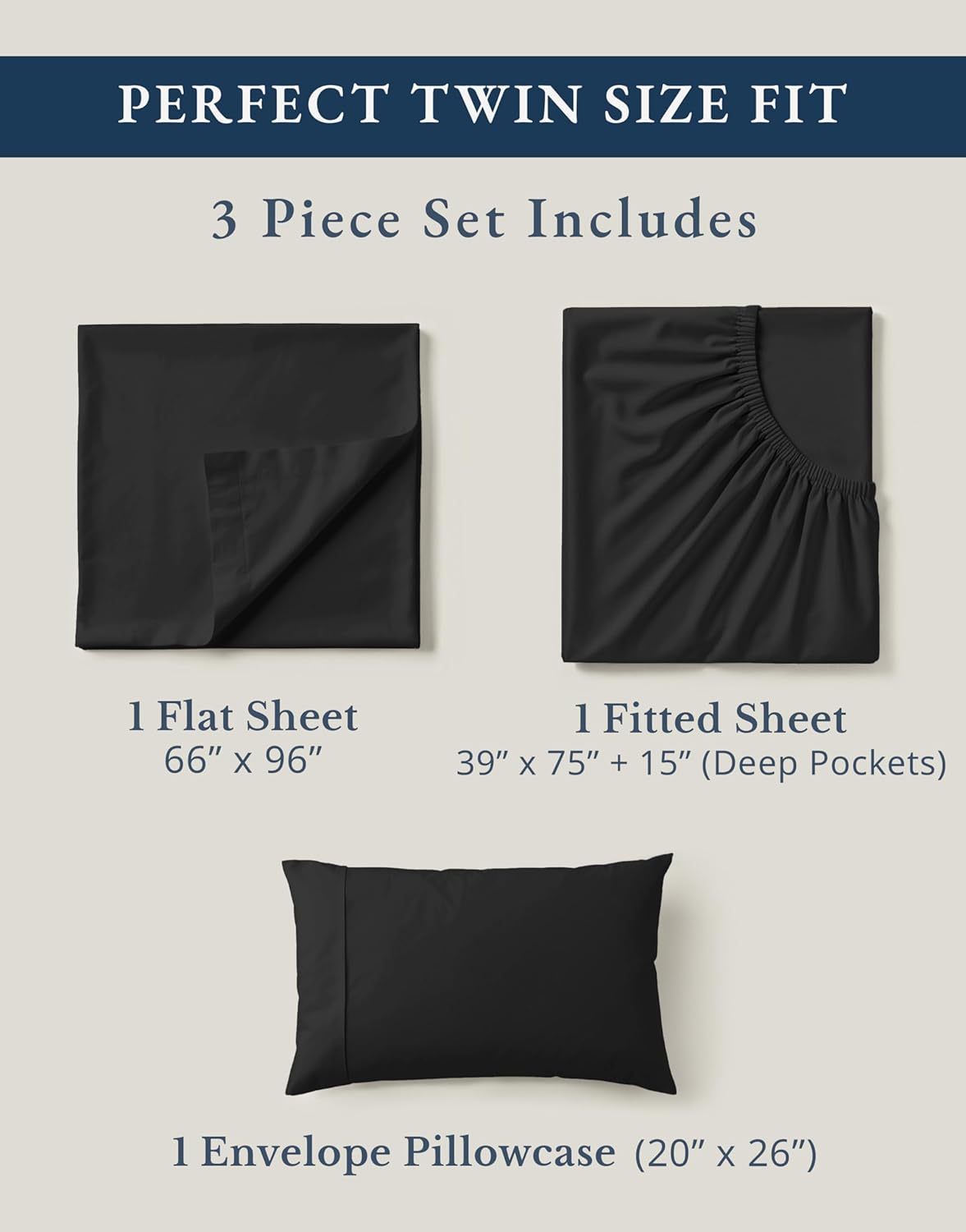LANE LINEN 100% Organic Cotton Twin Bed Sheet Set, 3 Pc Twin Size Sheets Set, Soft & Breathable Twin Sheet Set Boys, Hotel Style Bedding Sheets & Pillowcases, 15" Deep Fitted Sheet - Black
