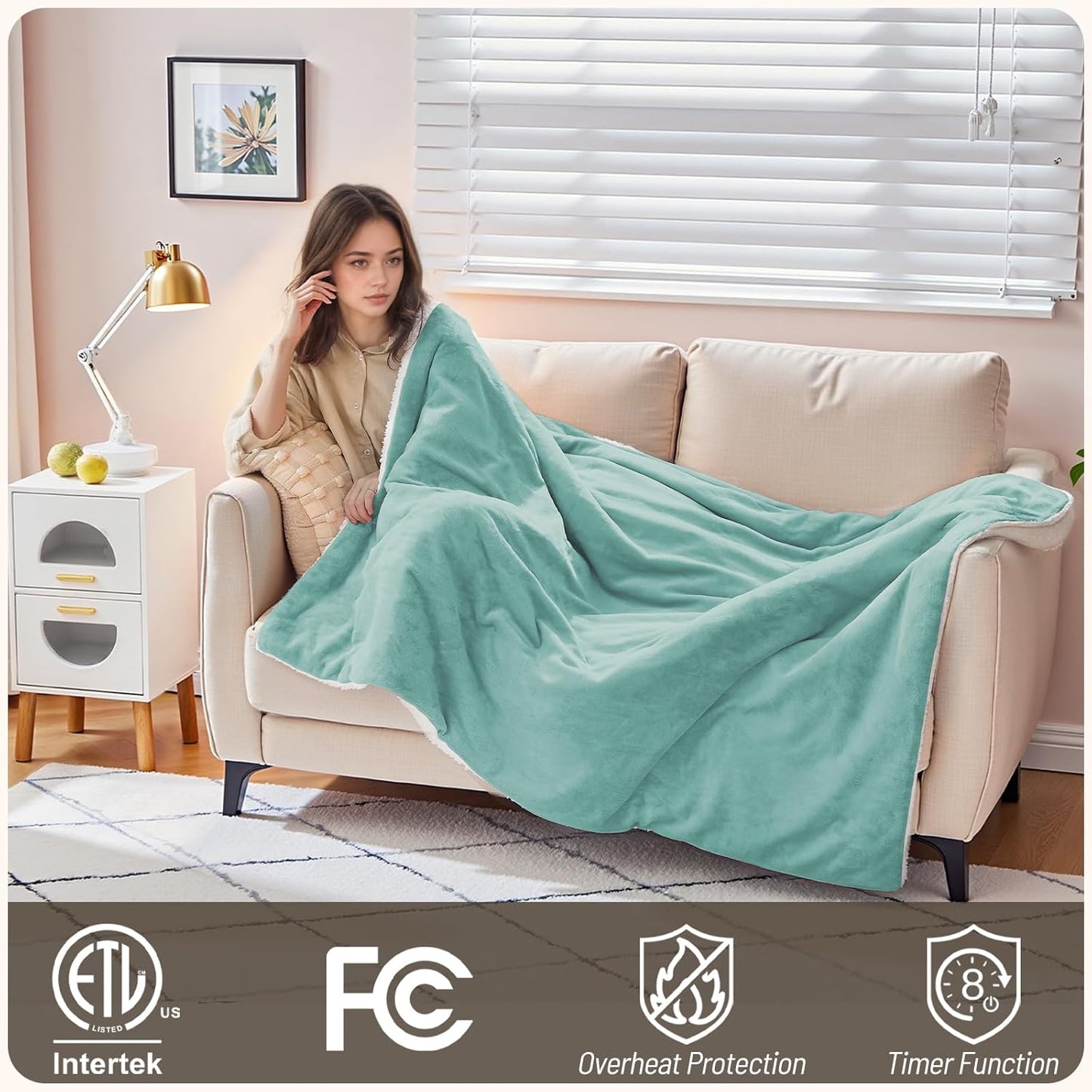 Electric Blanket Twin Size, Soft & Cozy Heated Throw Blanket with 9 Heat Settings & 2-10 Hours Auto Off, Fast Heating & Overheat Protection, Machine Washable - 62"x84" Green