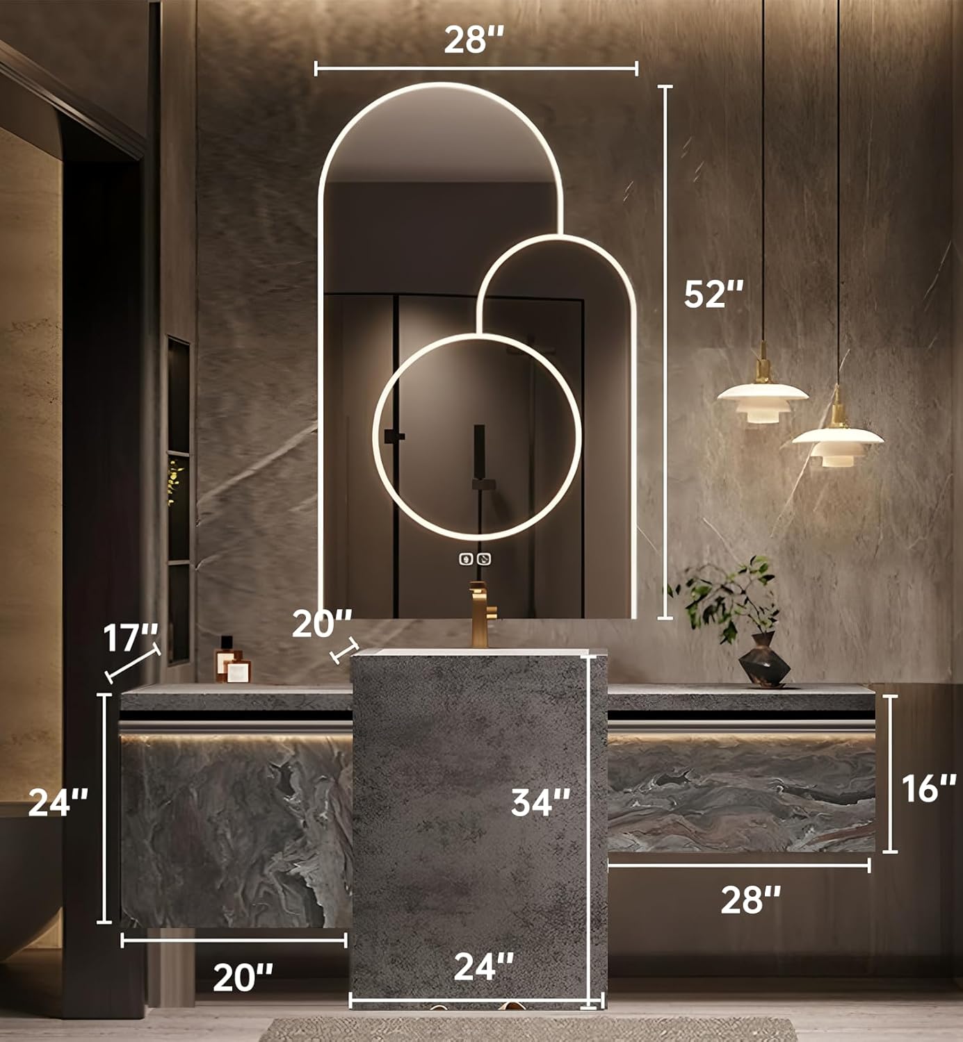 Single Sink Freestanding Bath Vanity, Modern Bath Vanity with LED Smart Mirror, 72IN Solid Wood Floating Bathroom Sink Cabinet with Marble Slate Top and Large Storage Drawer