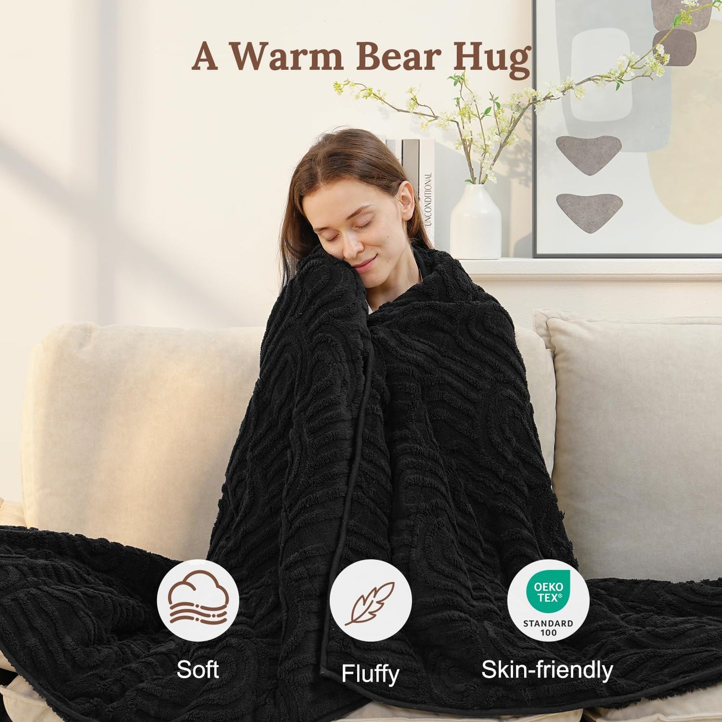 Sherpa Fleece Adult Weighted Blanket Great for Sleep, 15 lbs Dual Sided Soft Fuzzy Heavy Blankets for Couch Bed Sofa, Cozy Warm Fluffy Arched Jacquard Throw for Winter (Black, 48" x 72", 15 Pounds)
