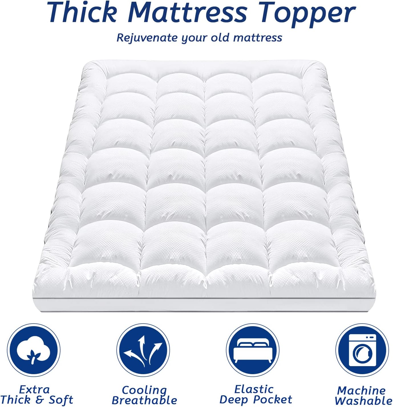 King Size Mattress Topper for Back Pain, Cooling Extra Thick Mattress Pad Cover with 8-21 inch Deep Pocket, Plush Pillow Top Mattress Topper Overfilled with Down Alternative, King Size, White