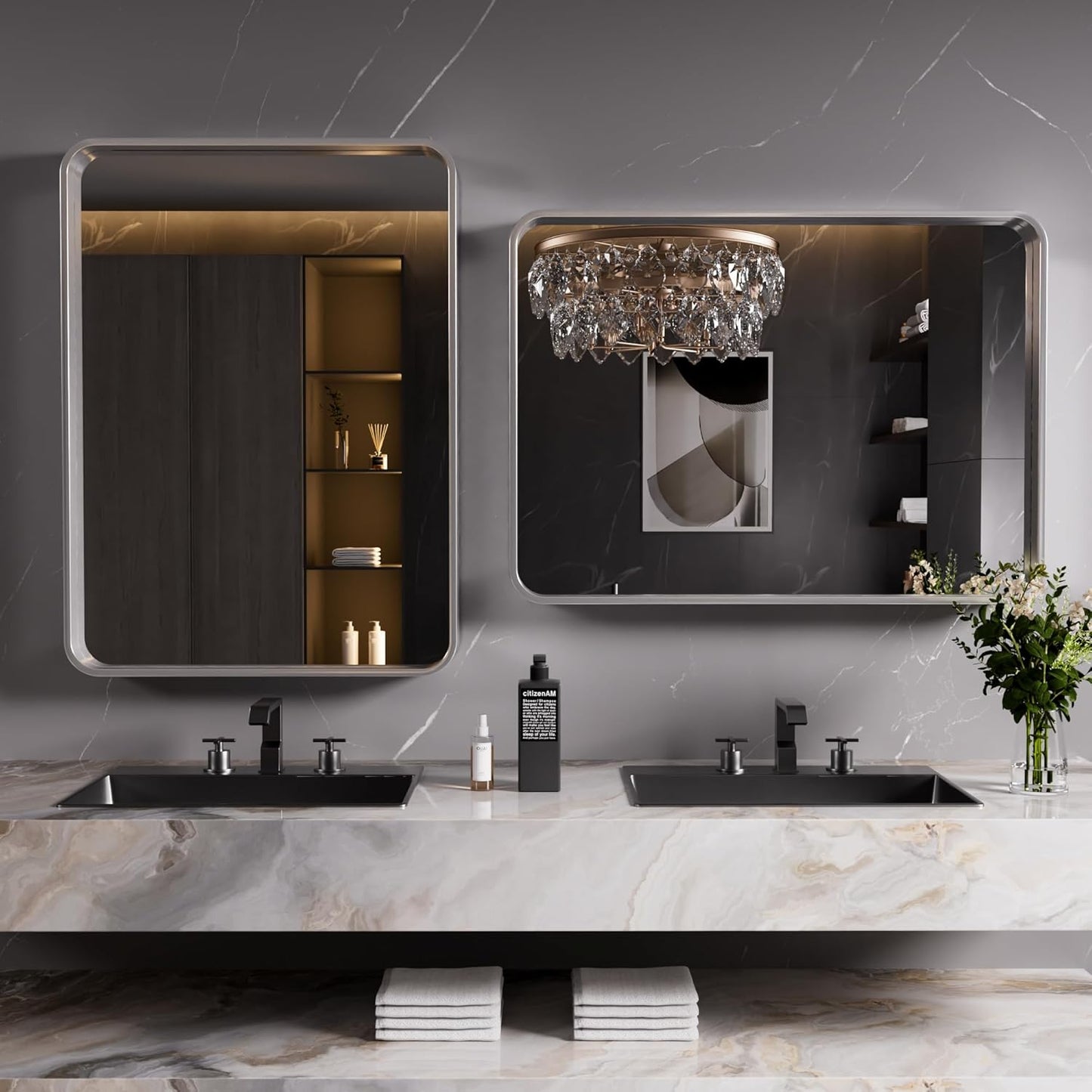 Brushed Nickel Bathroom Mirror 48x32 Inch, Brushed Silver Metal Frame Mirror Wall Mounted, Rounded Rectangle Bathroom Vanity Mirror, Tempered Glass, Anti-Rust, Horizontal/Vertical