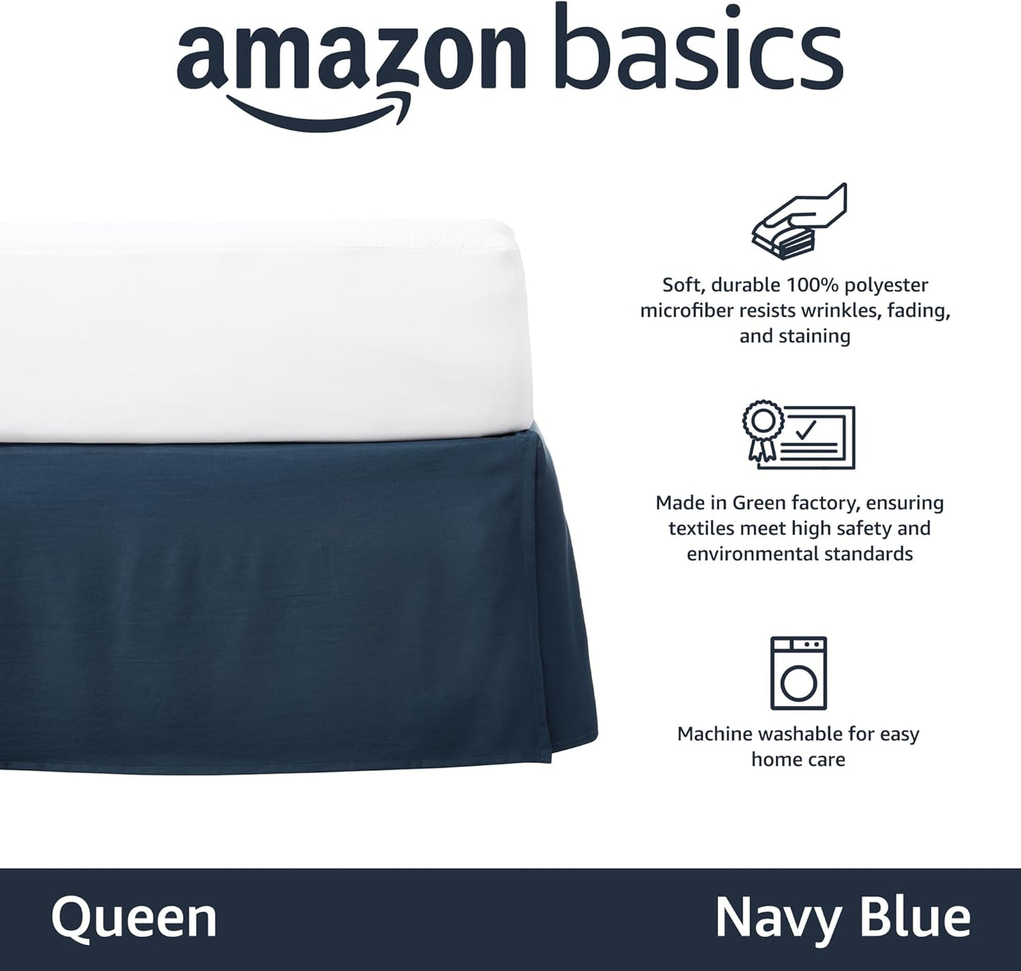 Amazon Basics Lightweight Pleated Bed Skirt, Queen, Navy Blue, Solid