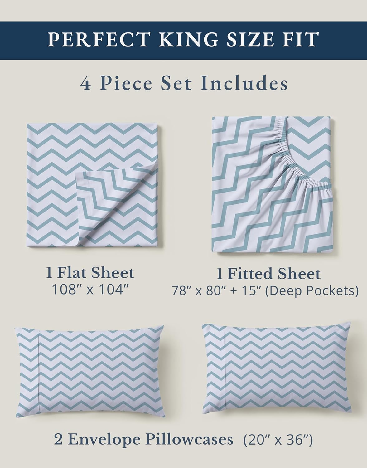 LANE LINEN 100% Organic Cotton Printed King Sheets, Soft & Comfy Percale Sheets Naturally Temperature Regulating Mercerized Cotton Fully Elasticized Printed King Bedding Set-Chevron