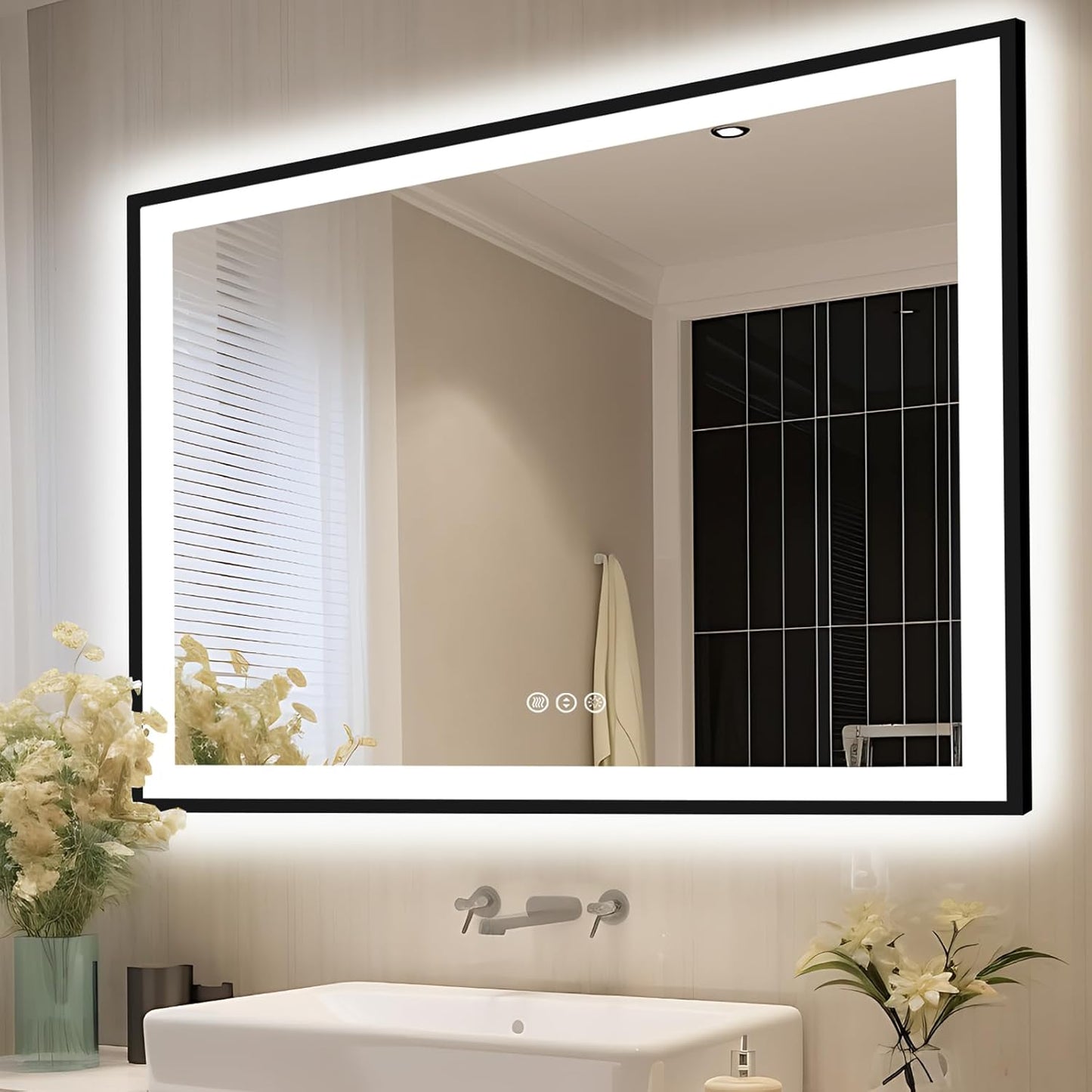 55x40 Bathroom Mirror with LED Lights - Black Framed, Front and Backlit Mirror, Anti-Fog LED Vanity Mirror, 3 Colors and Dimmable Mirror, Waterproof, Corrosion Proof (Horizontal/Vertical)