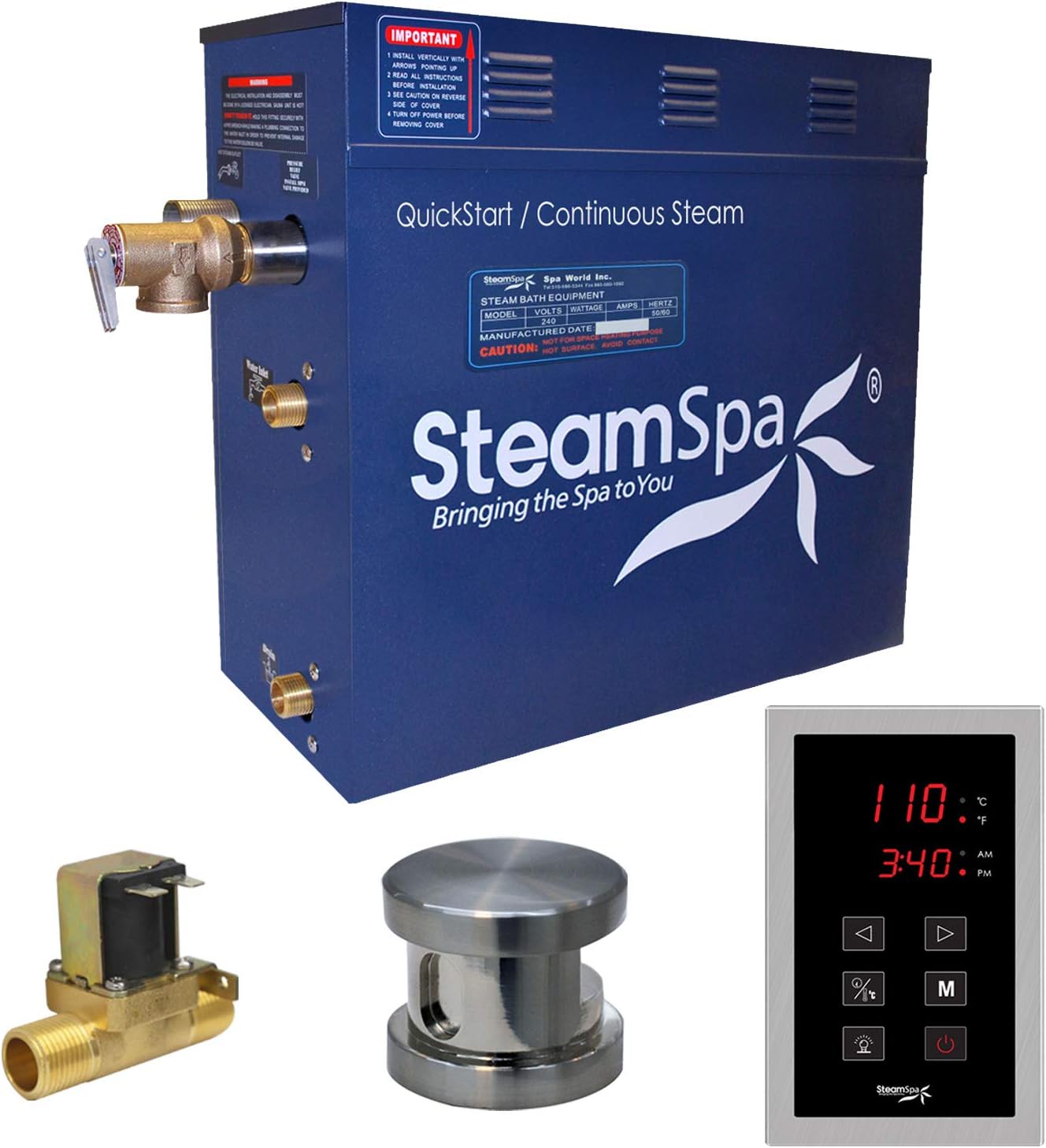STEAMSPA 7.5kW Steam Sauna Generator Sentry Series 240V Steam Generator with Touch Screen, Steamhead, Built-in Steam Shower Auto Drain, ACU Quickstart Steam Bath Generator (Brushed Nickel)